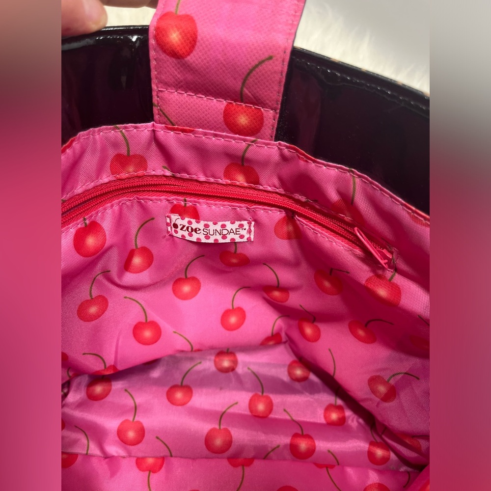 Zoe Sundae Satchel Blk & Tan Pink Cherry Print Lining